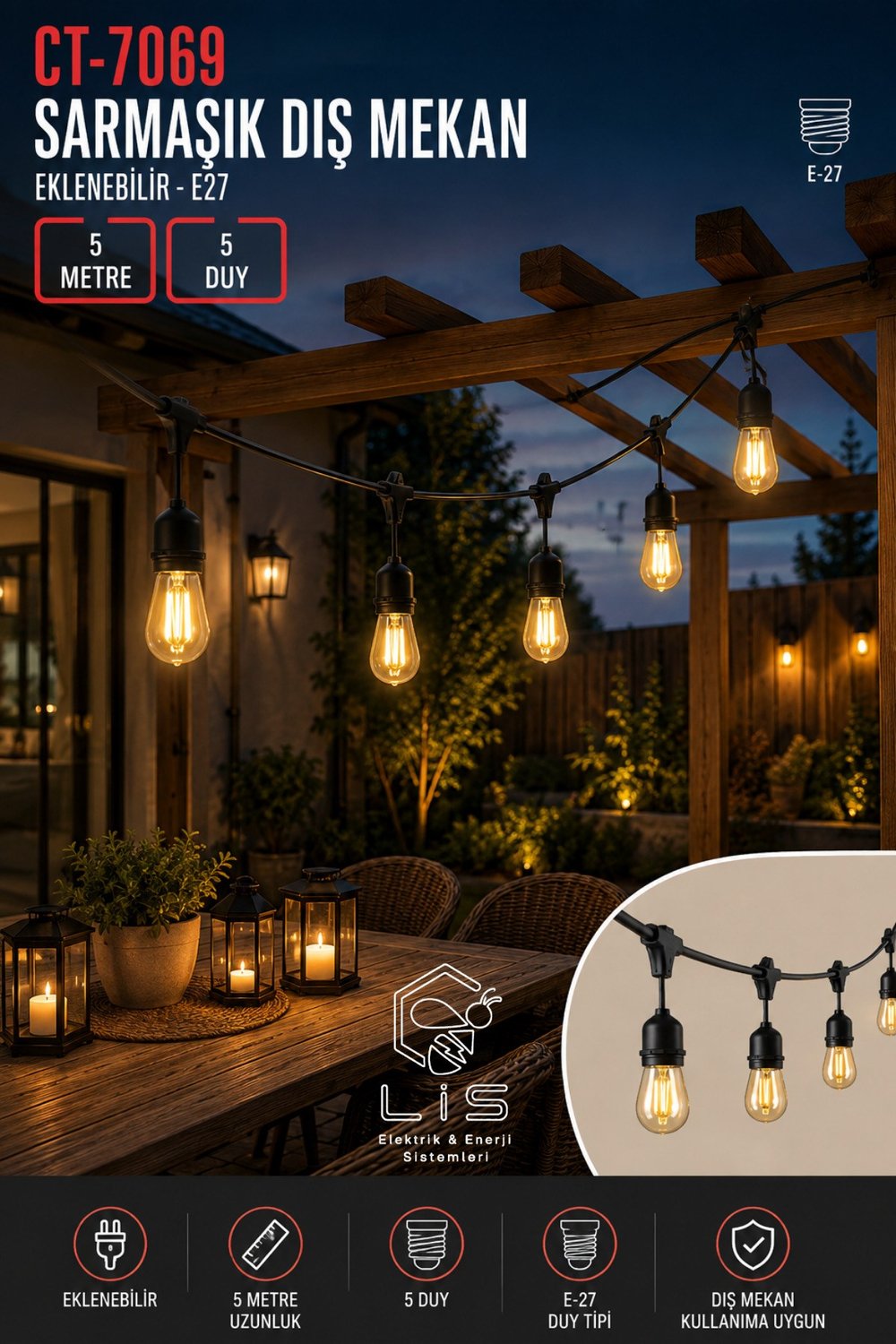 CT-7069 5 Metre 5'li E27 Duylu Su Geçirmez Bahçe ve Balkon Dekoratif Aydınlatma Sarkıt Kablosu