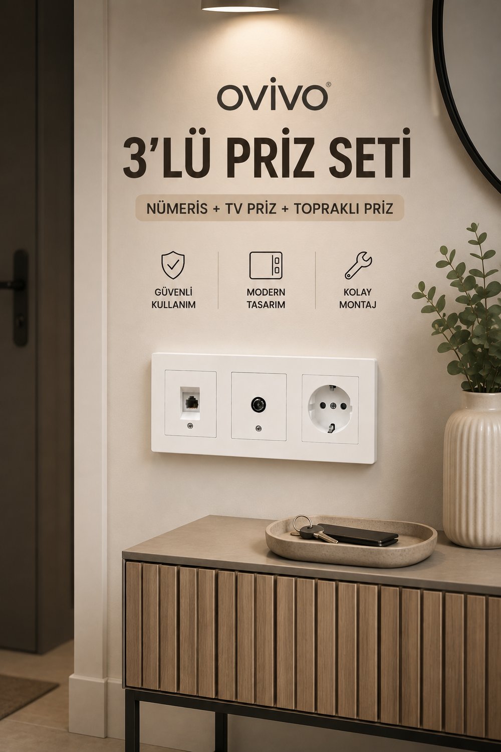 Ovivo Grano Beyaz 3'lü Priz Seti | Nümeris + TV + Topraklı Priz