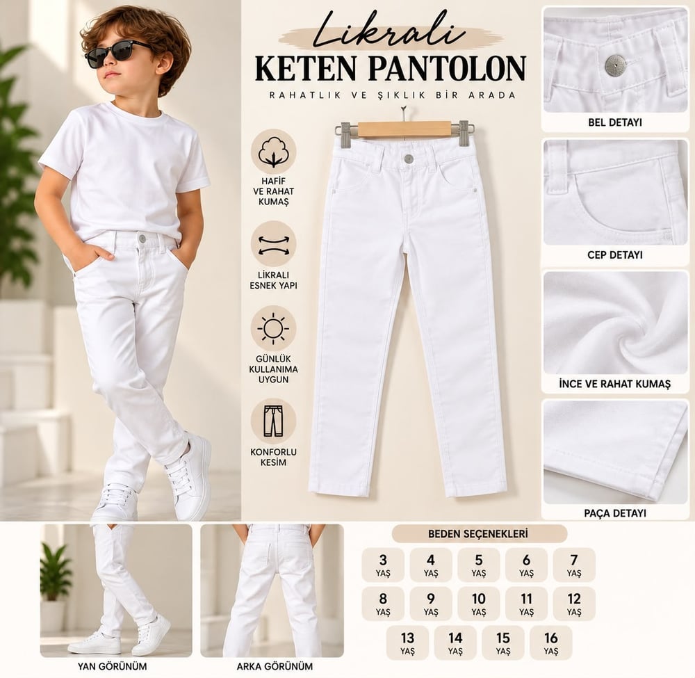 BEYAZ KETEN LİKRALI  ÇOCUK PANTOLON