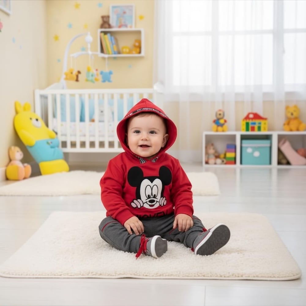 MİCKEY MOUSE NAKIŞLI KAPÜŞONLU 2 PARÇA BEBEK TAKIMI