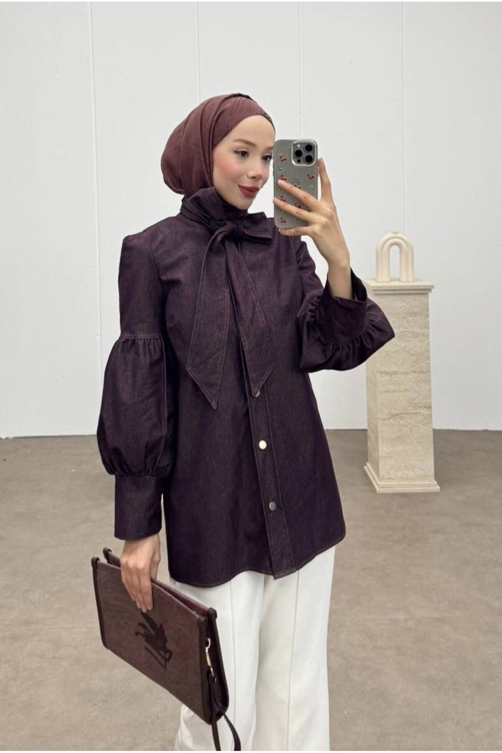 Denim Tesettür Balon Detaylı Kuşaklı Gömlek