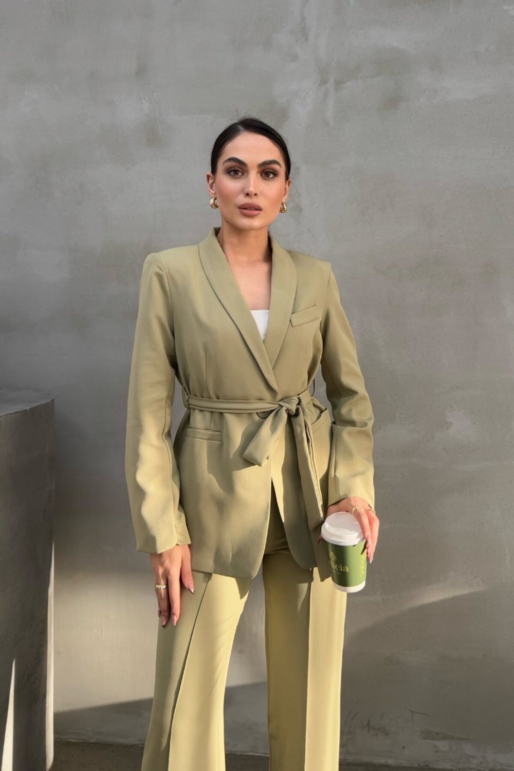 Kadın İkili Kuşaklı Blazer Ceket Pantolon Takım Açık Haki