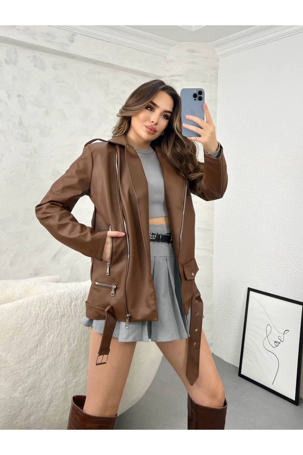Kadın Oversize Biker Deri Ceket