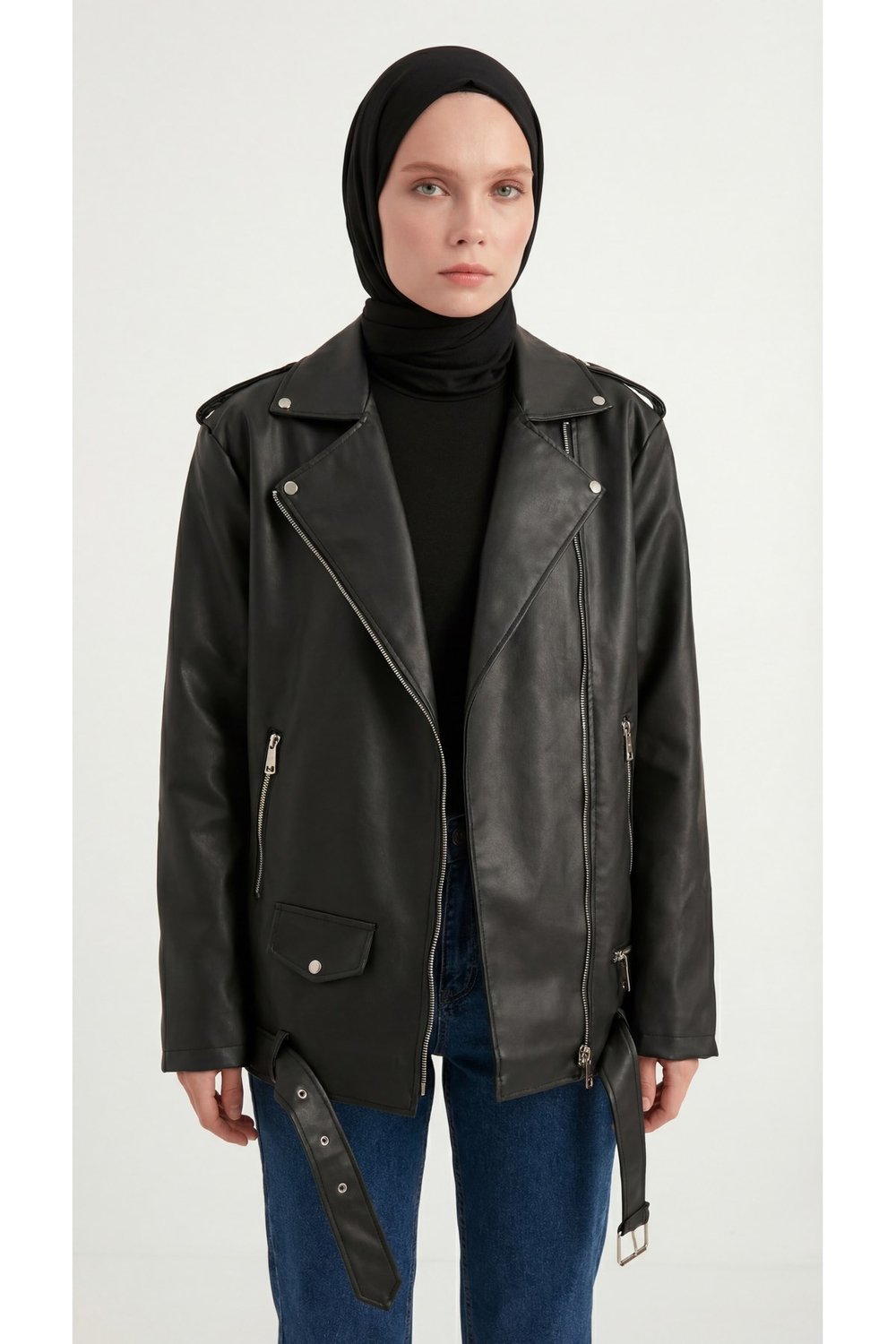 Kadın Oversize Biker Tesettür Deri Ceket