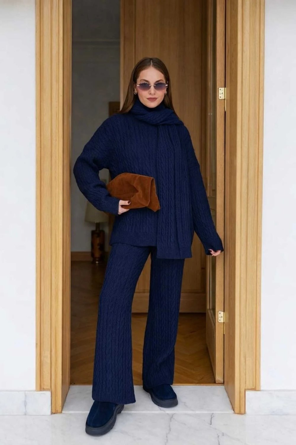 Kadın Triko Pantolon Takım Oversize Saç Örgülü