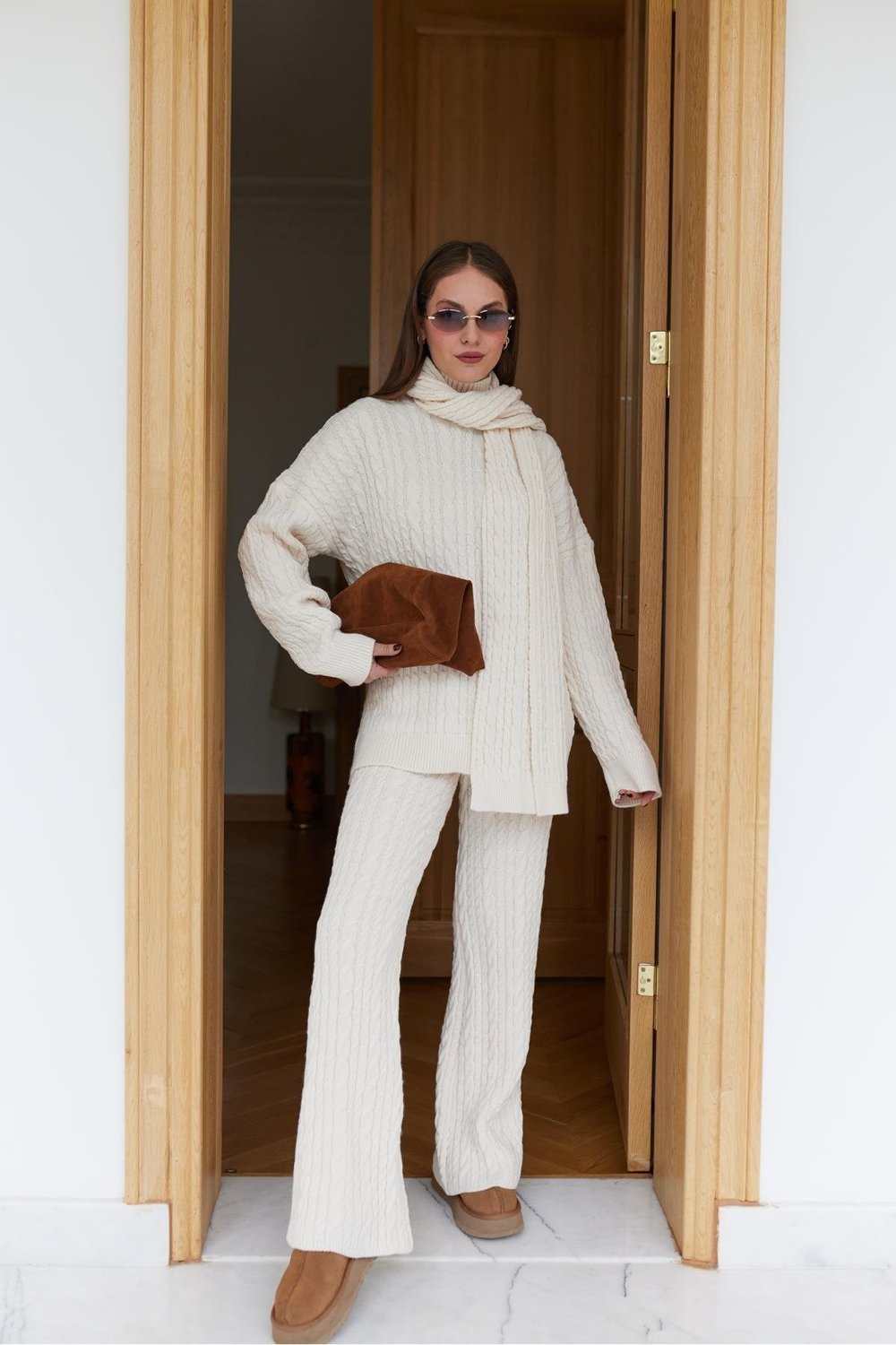 Kadın Triko Pantolon Takım Oversize Saç Örgülü