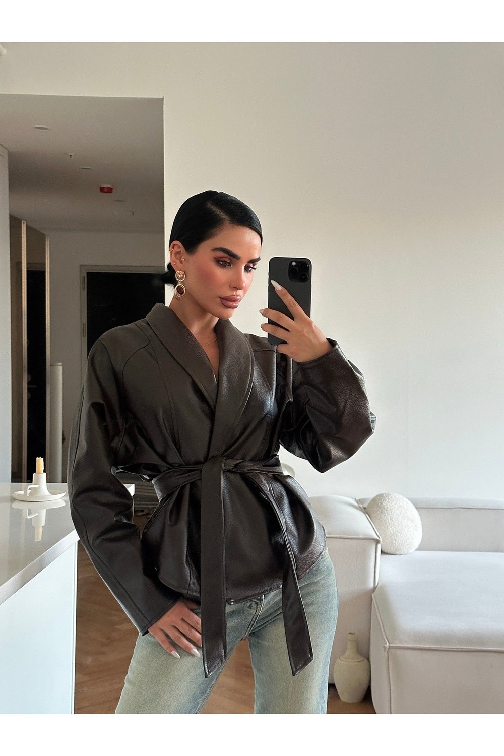 Kadın Zr Model Şal Yaka Bağlamalı Deri Ceket