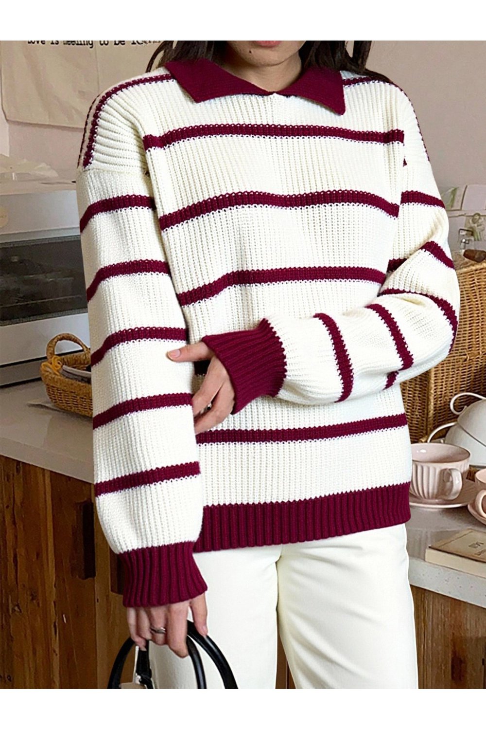 Selanik Örgü Polo Yaka Oversize Zr Model Kadın Triko Kazak