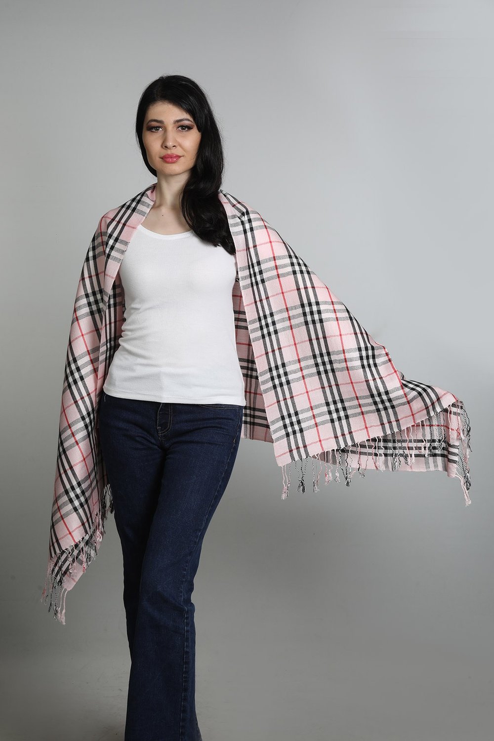 Açık Pembe Siyah Viscon - Cotton Şal