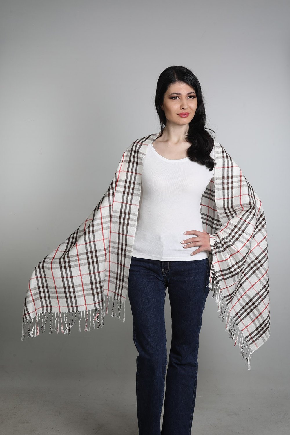 Ekru Kahve Viscon - Cotton Şal