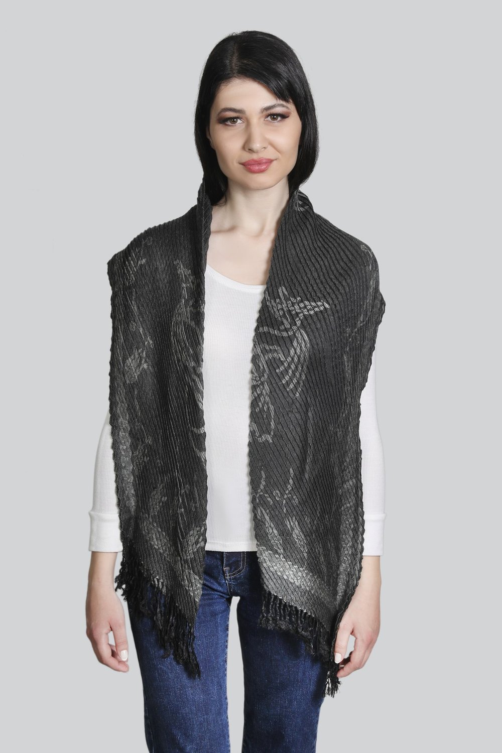 Gri Siyah Renkli Pamuk Viskon Desenli Şal Eşarp