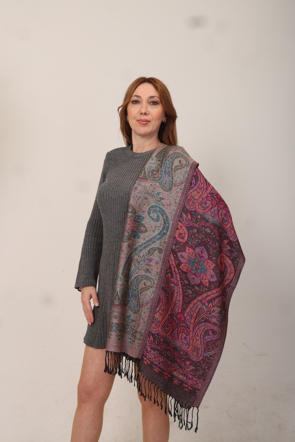 Shawl %100 İpek Çift Taraflı Mürdüm Gri Multi Şal (70x190 cm)