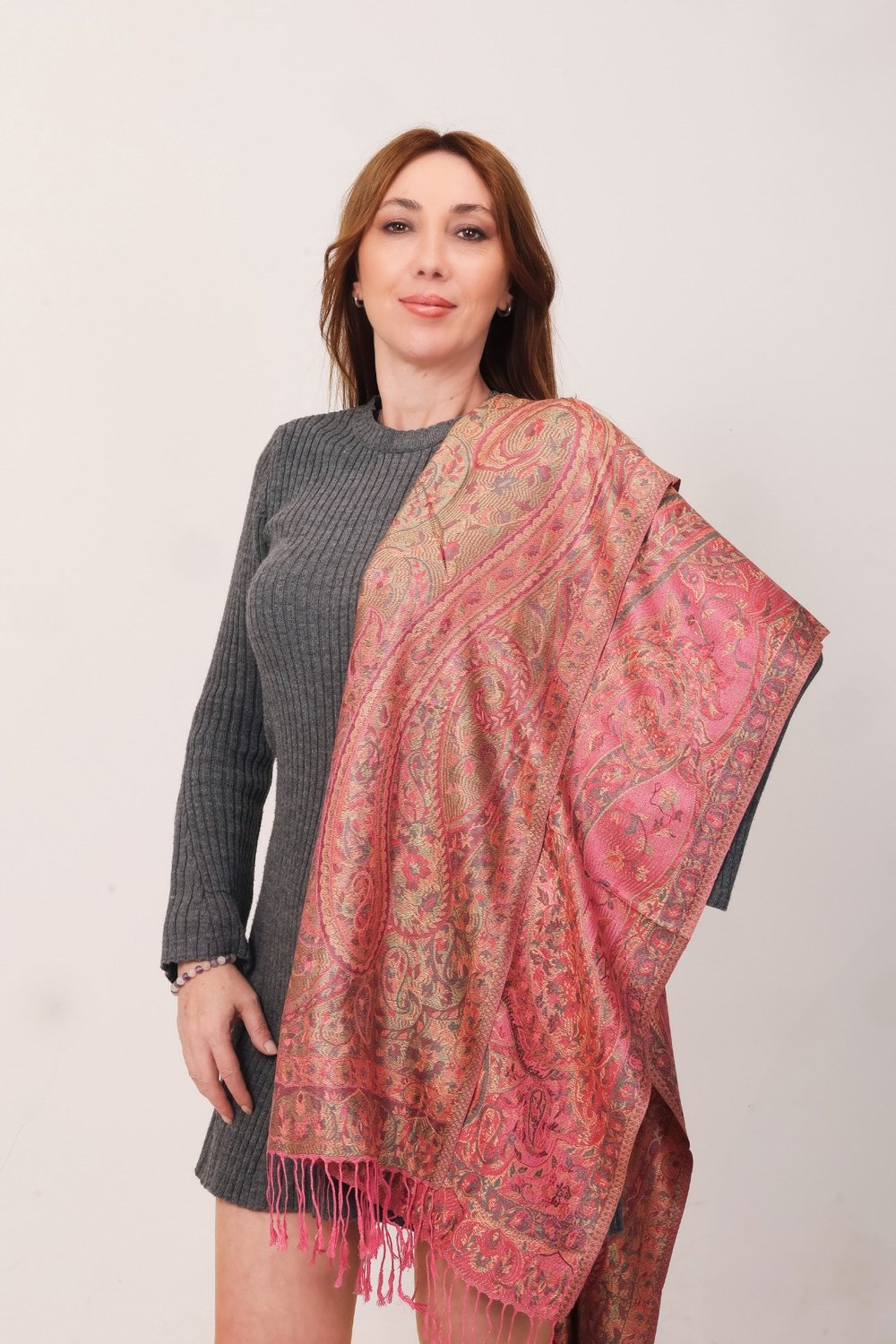 Shawl %100 İpek Çift Taraflı Somon Dore Multi Şal (70x190 cm)