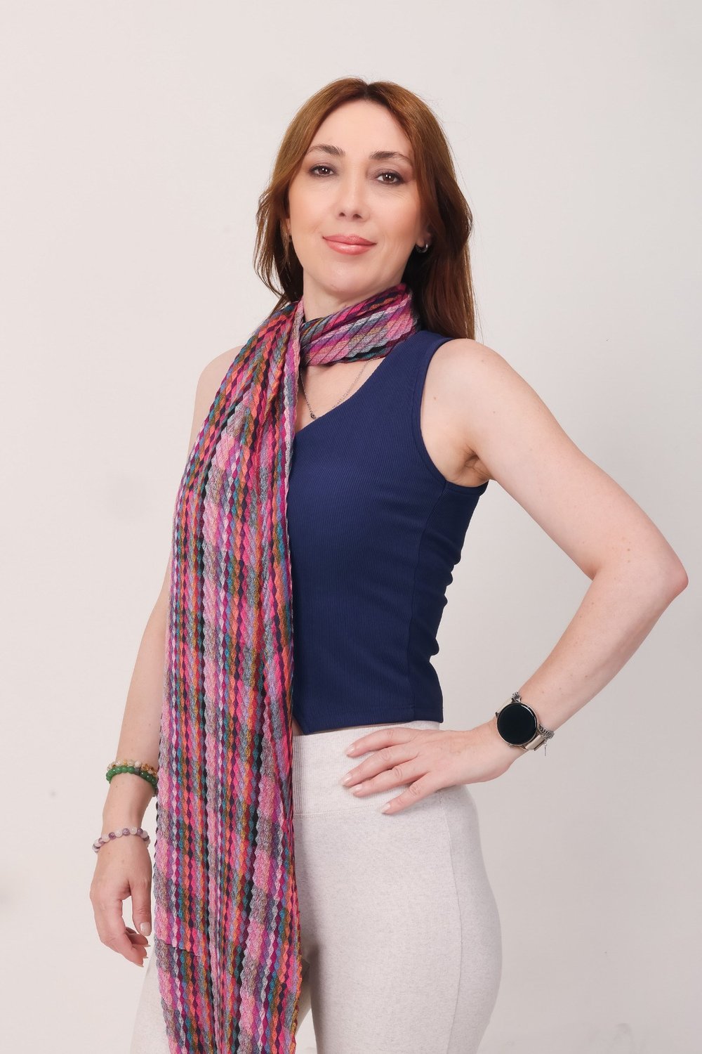 Shawl %100 Pamuk Geometrik Desenli Çok Renkli Kalın Atkı Şal (50x160 cm)