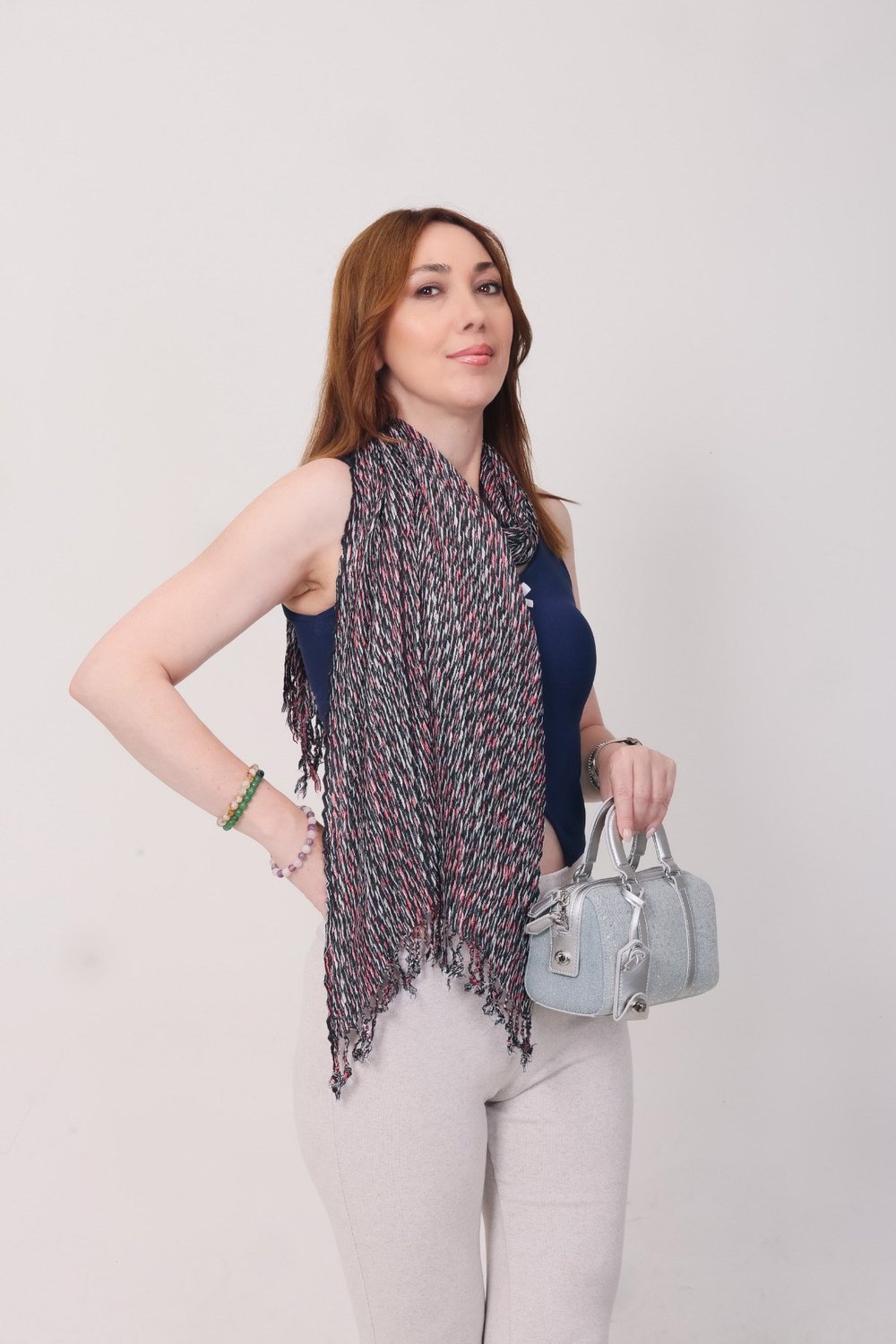 Shawl %100 Pamuk Siyah, Beyaz & Kırmızı Çizgi Desenli Atkı Şal (30x140 cm)