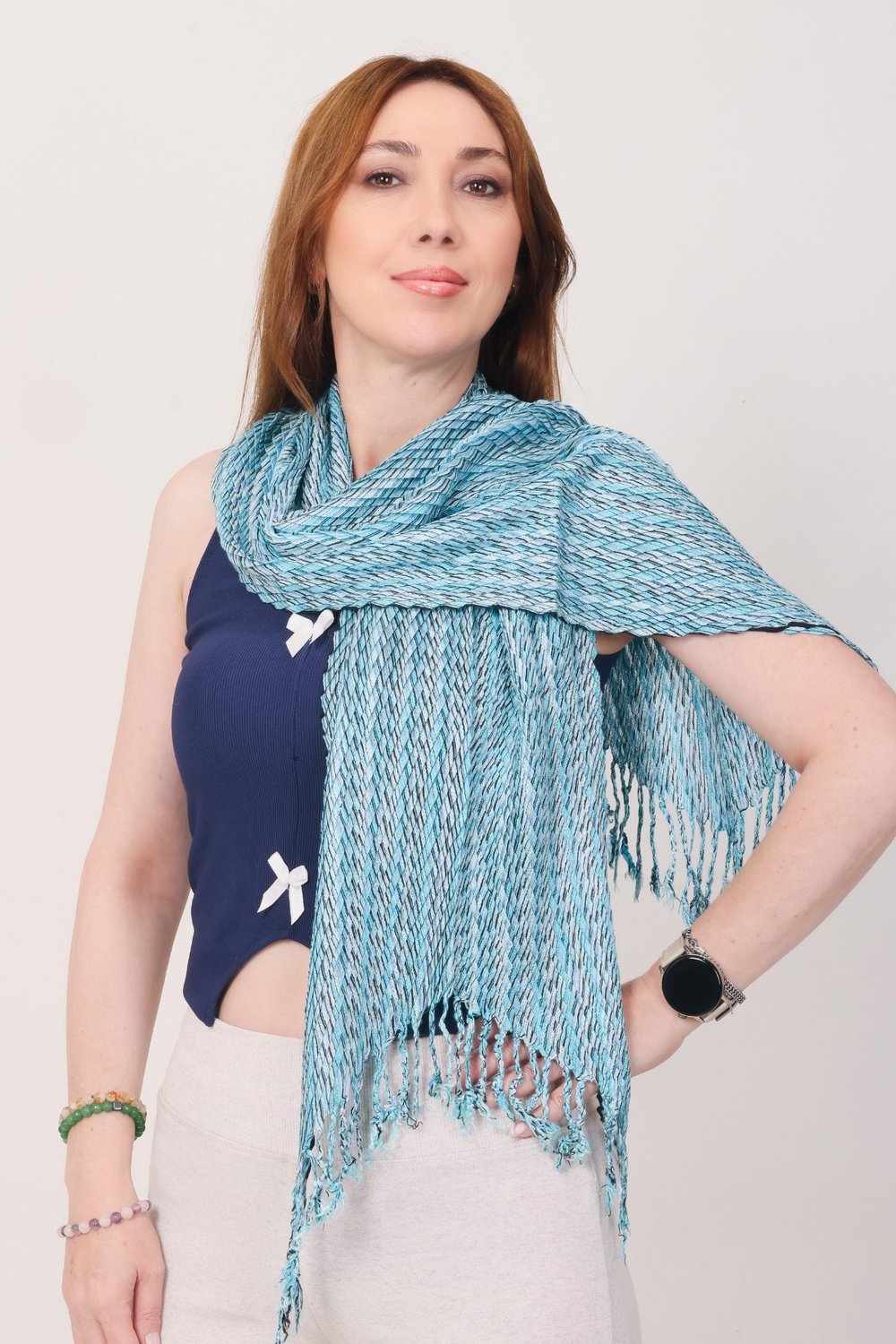 Shawl %100 Pamuk Turkuaz Tonlu Geometrik Desenli Kalın Atkı Şal (30x140 cm)