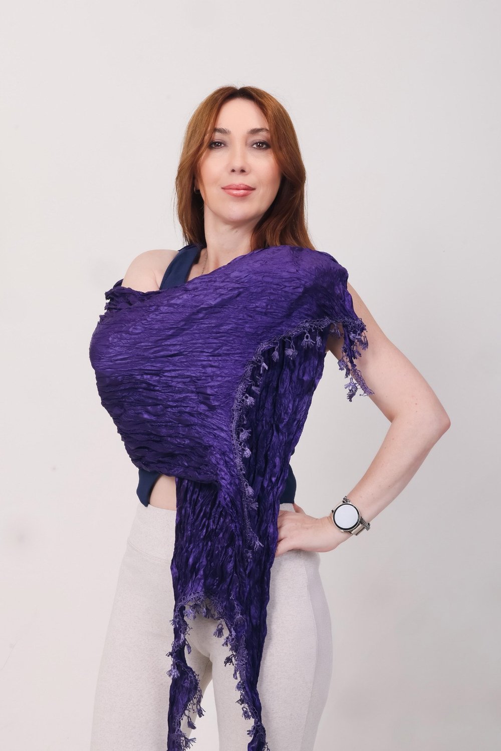 Shawl: Lüks Saten İpek Mor Krinkle Şal (68x190 cm)