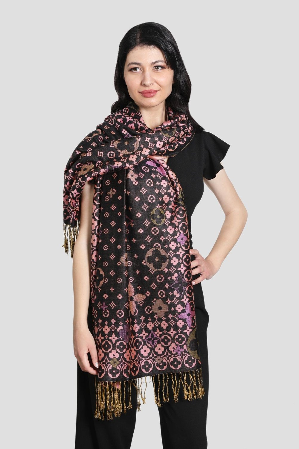 Siyah Pembe Pashmina Şal