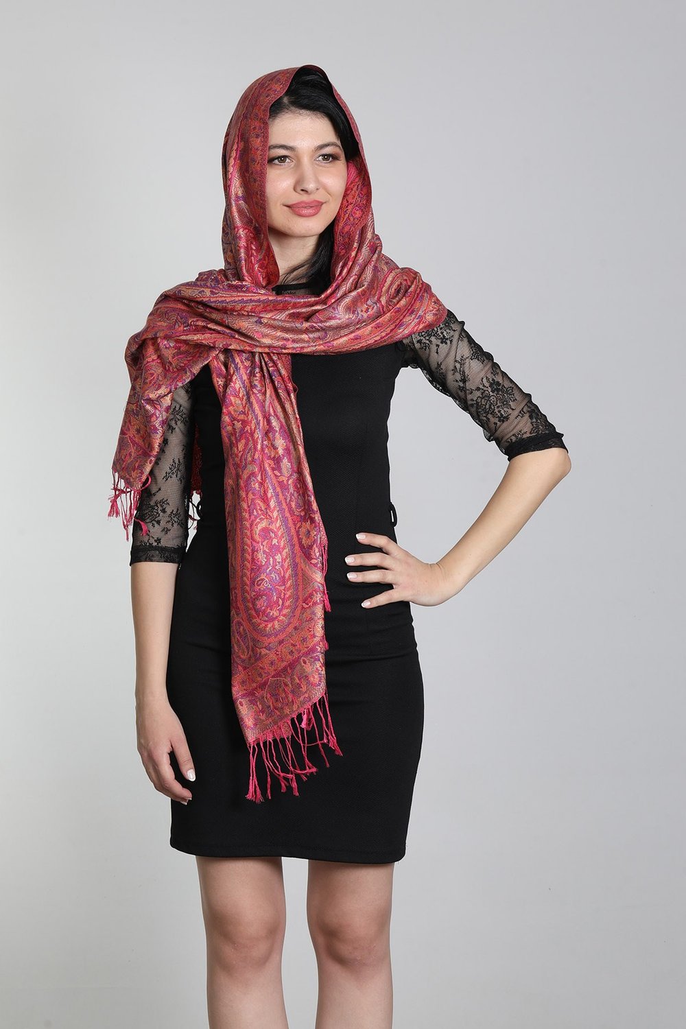Thulian Pembe Multi %100 İpek Çift Taraflı Şal