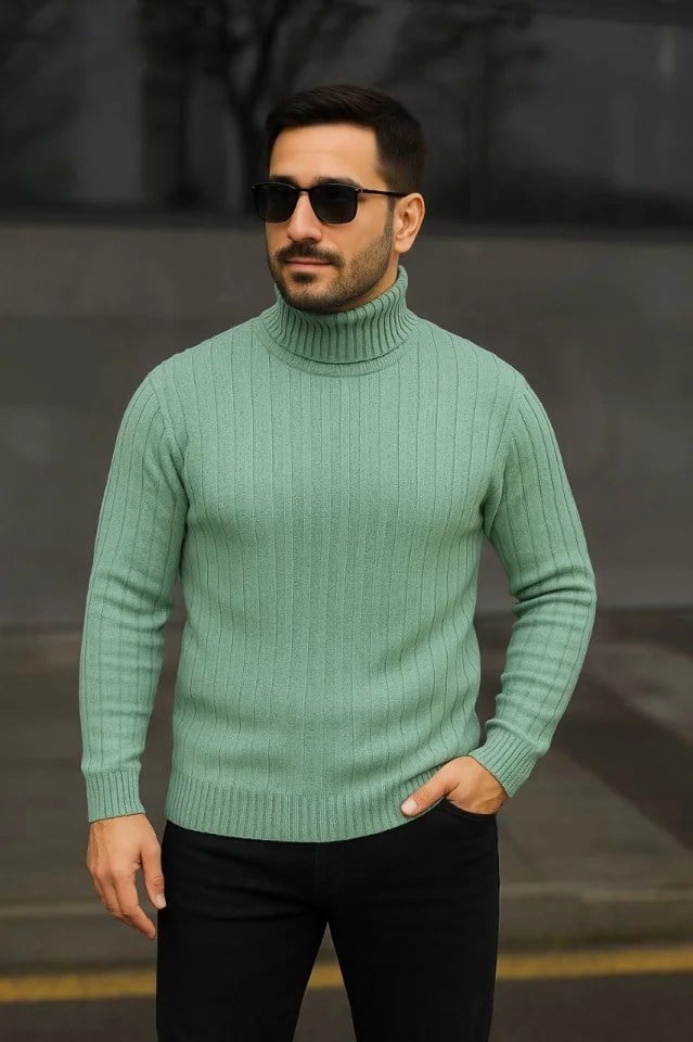 Erkek Balıkcı Yaka Bağazlı Triko Kazak Pamuklu Kalın Fitilli Dokuma, Regular Fit Uzun Kollu Kışlık Model - Mint Yeşili