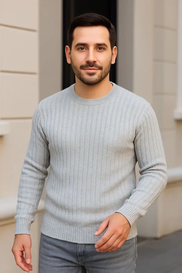 Erkek Bisiklet Yuvarlak Yaka Triko Kazak Pamuklu Kalın Fitilli Dokuma, Regular Fit Uzun Kollu Kışlık Model - Gri