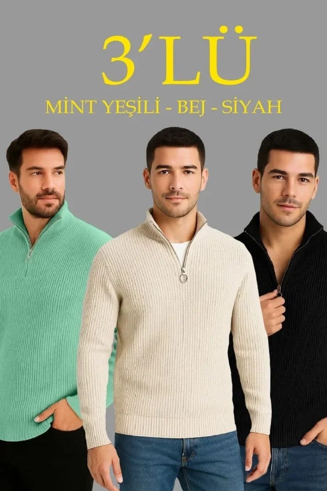 Erkek Fitilli Triko Kazak 3’lü Set – Mint Yeşili, Siyah, Bej Kalın Dokuma Pamuklu Regular Fit V Yaka Fermuarlı Uzun Kollu Rahat Kışlık Kazak Kombini