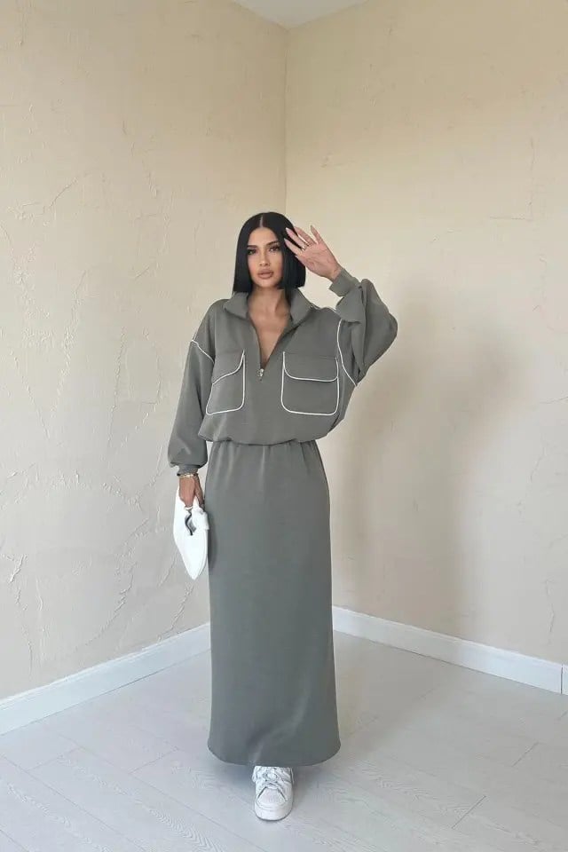 Haki Biyeli Sweatshirt Ve Etek Takım