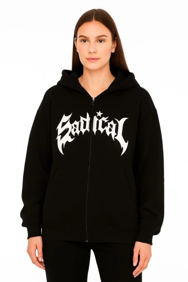 Oversize Kapüşonlu Sweatshirt  Hoodie 3 İplik Şardonlu Pamuklu Kumaş, Önü Baskılı, Fermuarlı Rahat Kalıp, Kışlık Ve Sokak Stili Sweat - Siyah