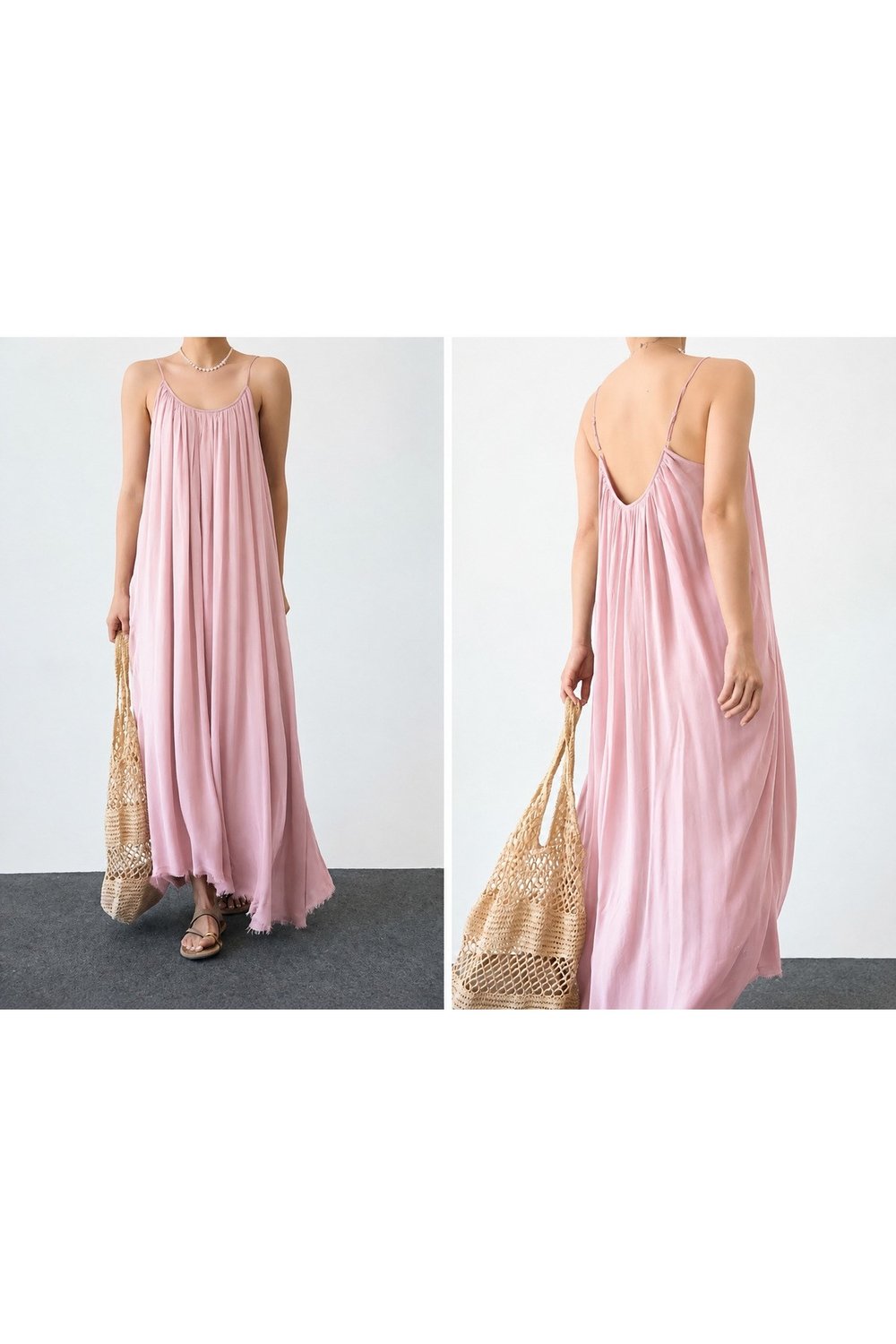 Pembe İp Askılı Keten Uzun Elbise