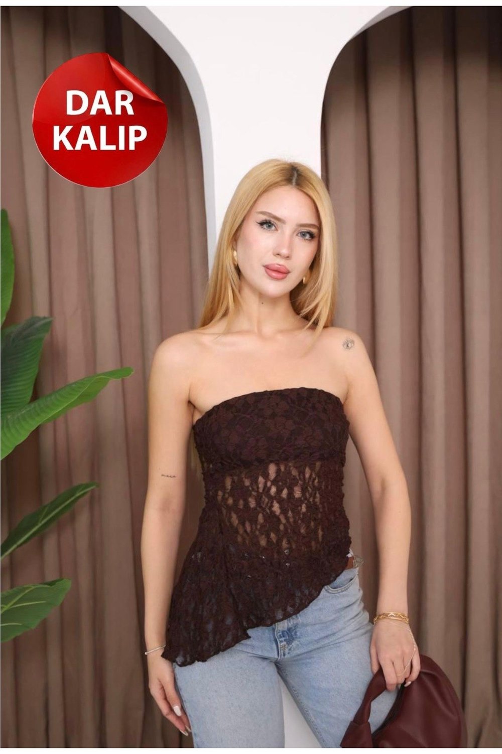 Straplez Yaka Dantelli Asimetrik Body Kahverengi