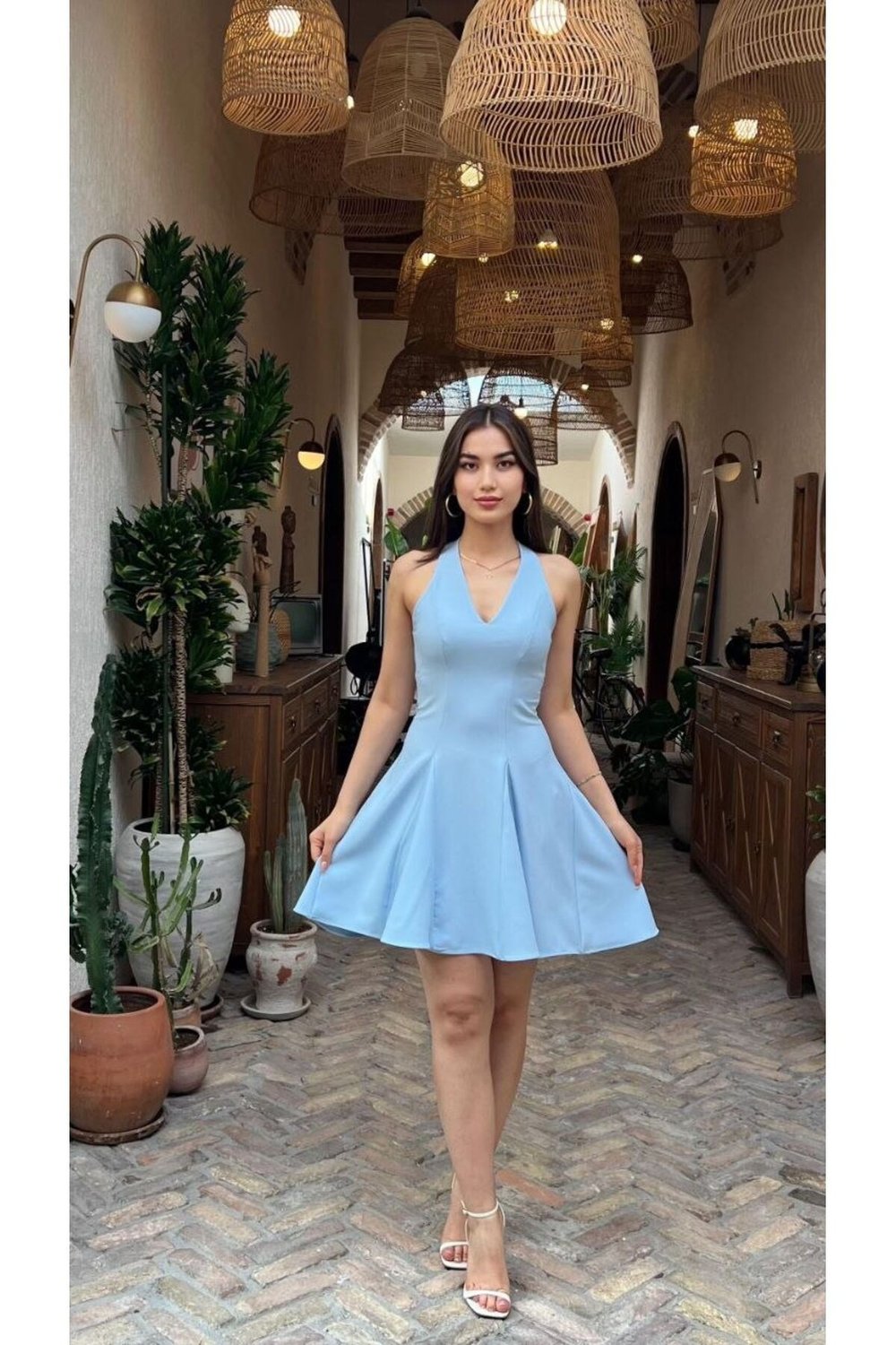 V Yaka Mavi Slim Fit Mini Elbise-DAR KALIP