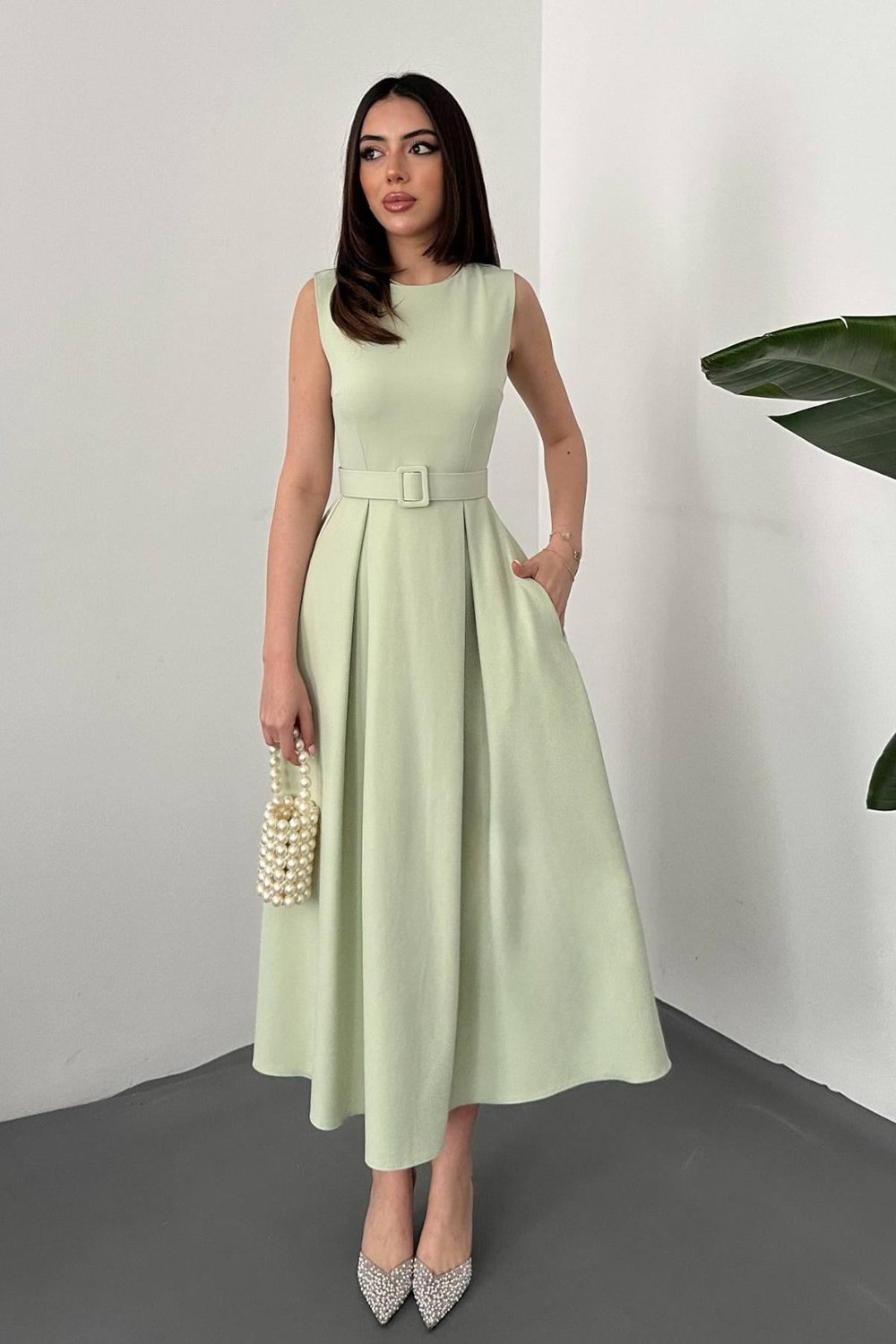 Mint Halter Yaka Kloş Elbise