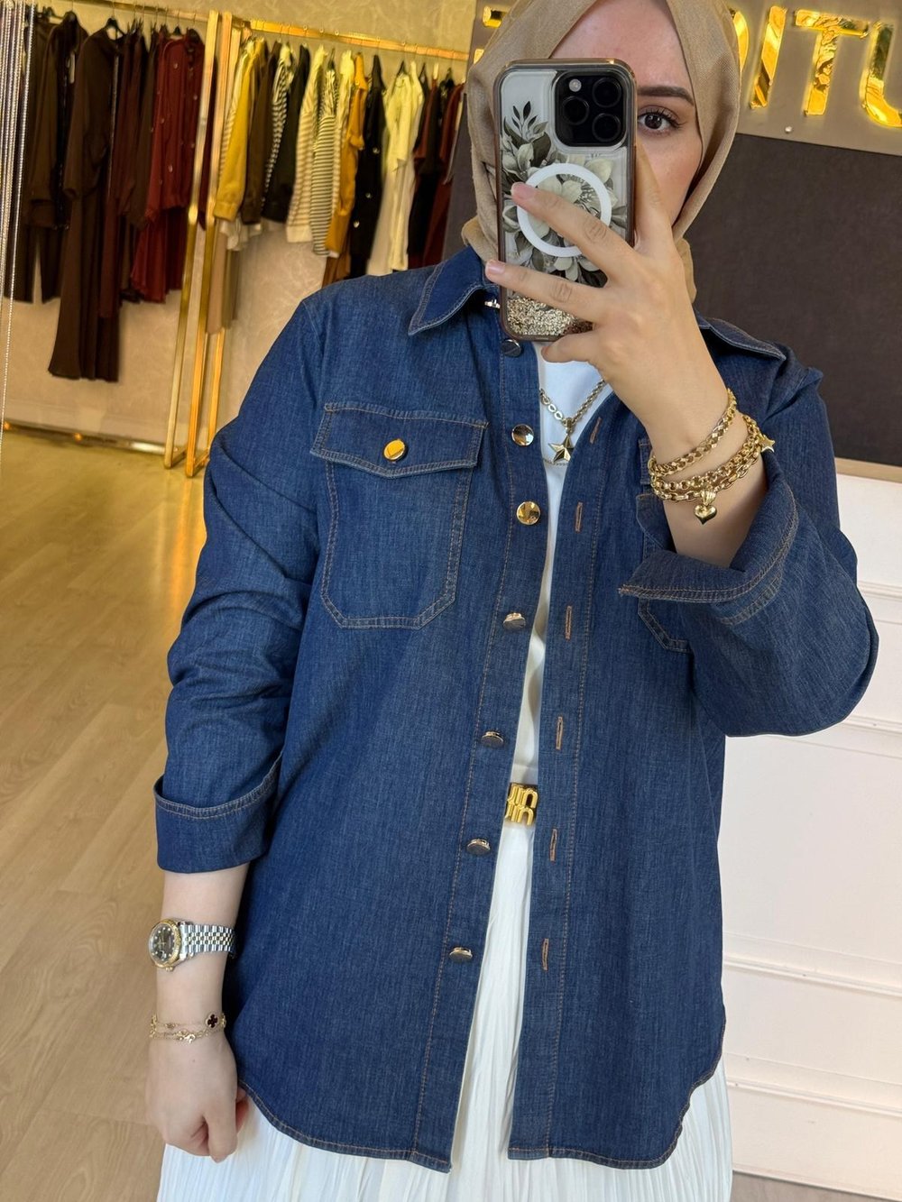 EXQUİSE Duwayne Gold Düğmeli Denim Rahat Gömlek