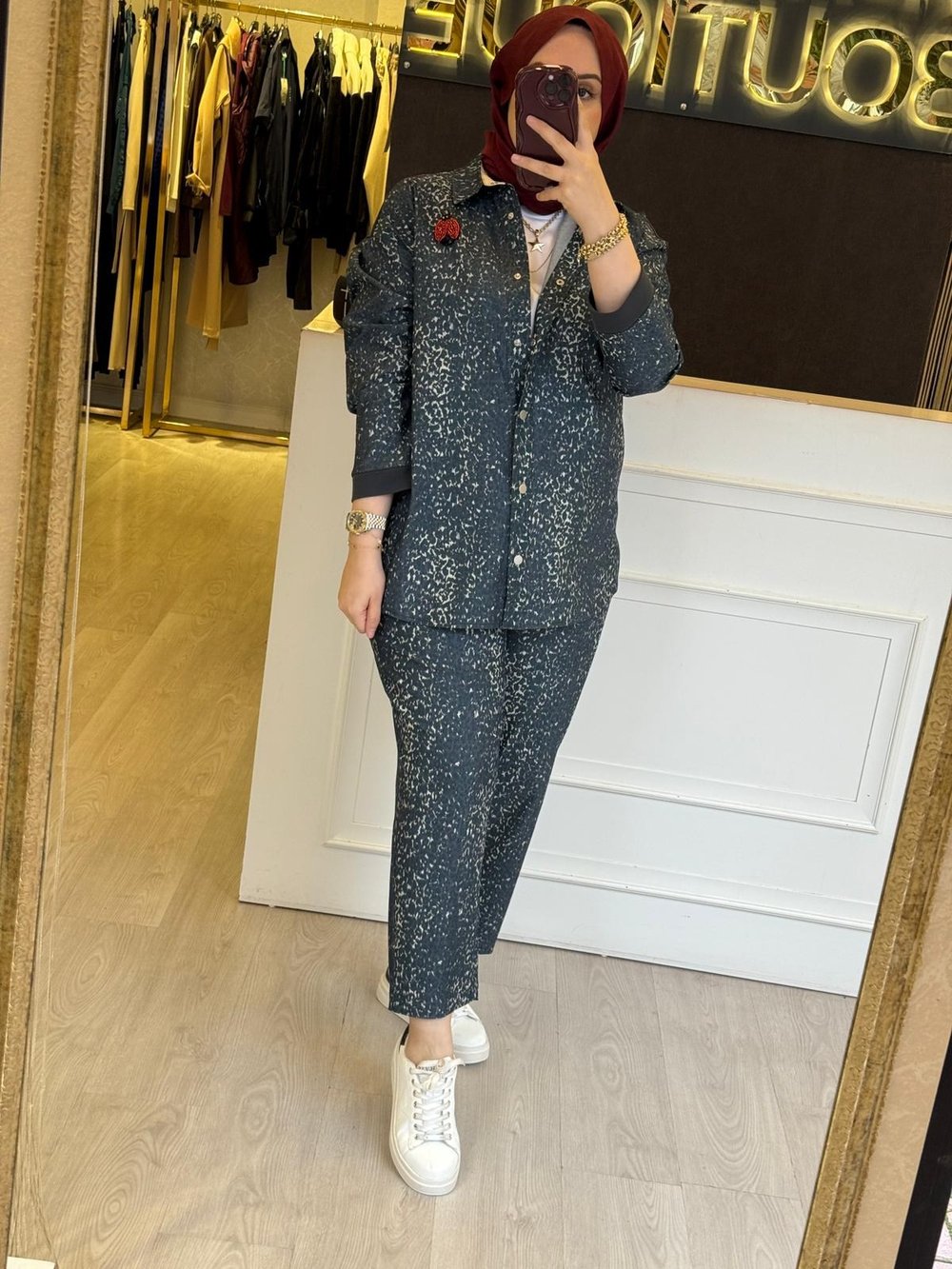 GHİSA Desenli Özel Kumaş Önden Çıtçıt Bağlamalı Tunik Pantolon Takım
