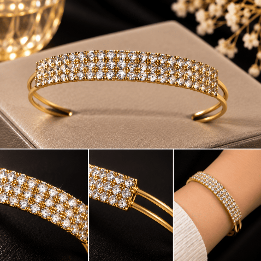 Sıra Taşlı Gold Kelepçe Bileklik – Çok Sıralı Işıltılı Tasarım