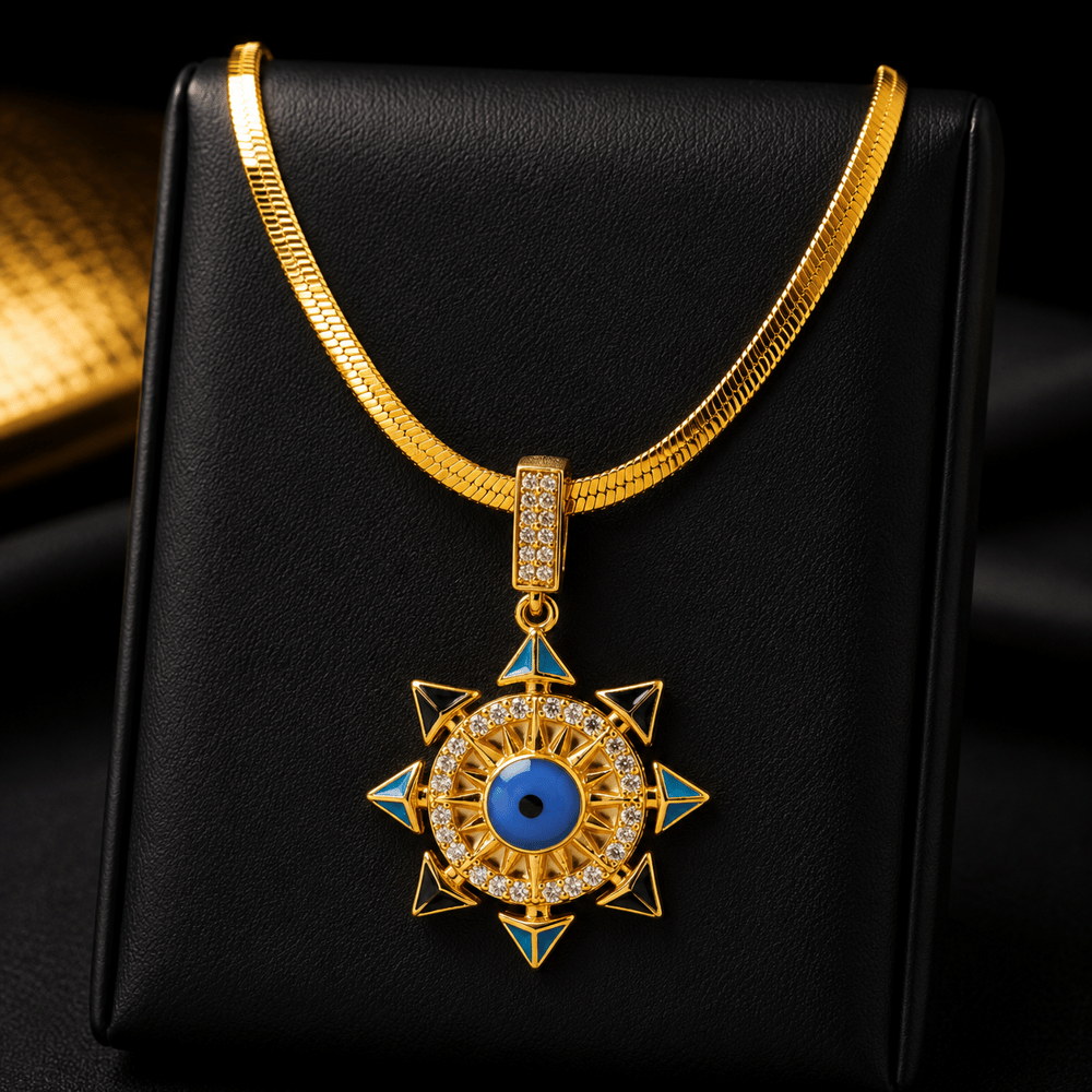 Taşlı Nazar Gözü Gold Kolye – Güneş Formlu Mavi & Siyah Detaylı Tasarım