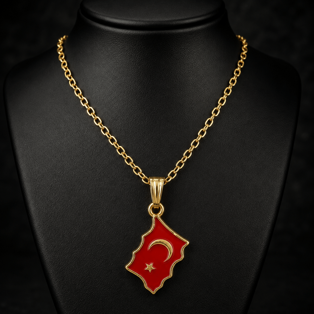 Unisex Kırmızı Ay Yıldız Kolye – Altın Renk Zincirli Özel Tasarım