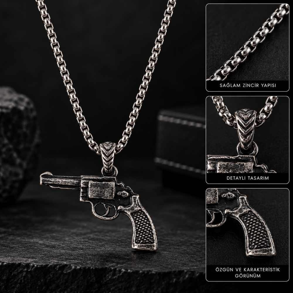 Vintage Revolver Figürlü Erkek Kolye – Gümüş Renk Zincirli Retro Tasarım