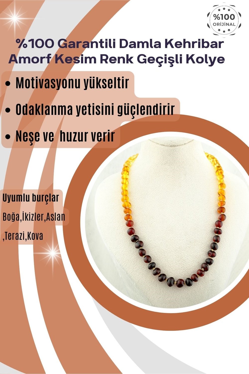 Damla Kehribar Kolye %100 Garantili Amorf Kesim Renk Geçişli -45 cm
