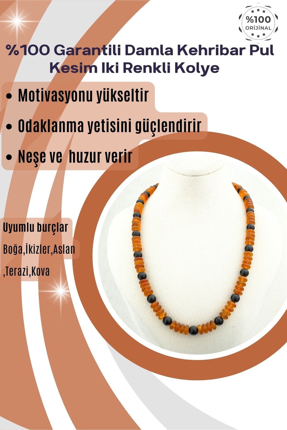 Damla Kehribar Kolye %100 Garantili Pul Kesim iki Renkli Boğa,İkizler,Aslan,Terazi,Kova -45cm