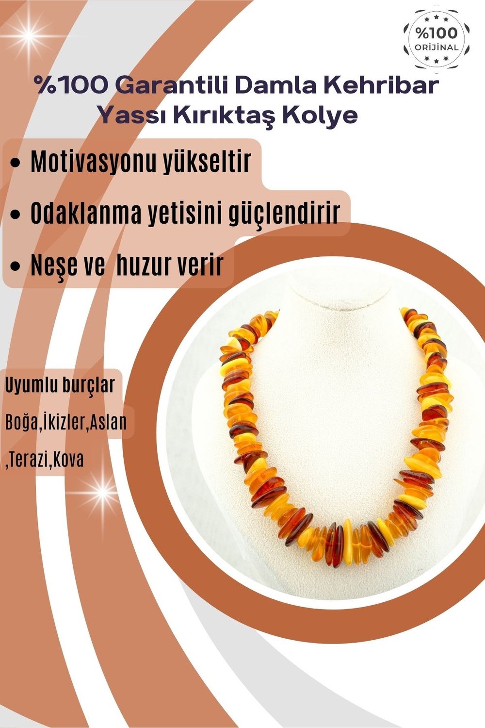 Damla Kehribar Kolye %100 Garantili Yassı Kırıktaş - 45 cm