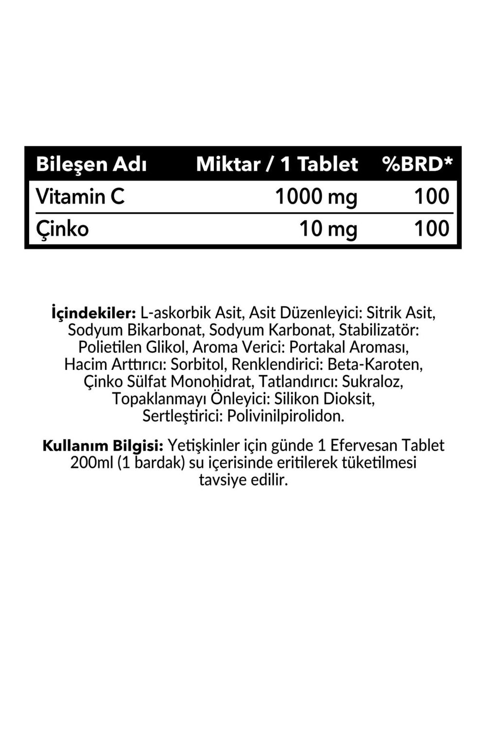 C Vitamini 1000 mg Çinko 10 Mg 20 Tablet Efervasan