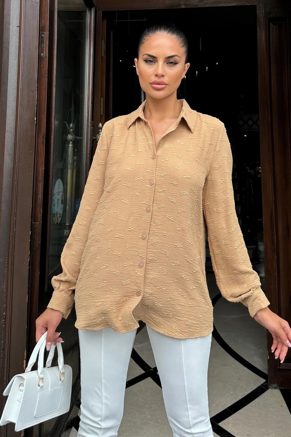 Kadın Camel Dokulu Kumaş, Uzun, Balon Kollu, Rahat Kesim, Pamuklu Gömlek