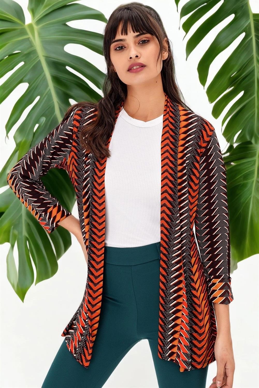 Kadın Çok Renkli Ceket Yaka Truvakar Kol Desenli Çok Renkli Regular Kesim Standart Boy Kimono Ceket