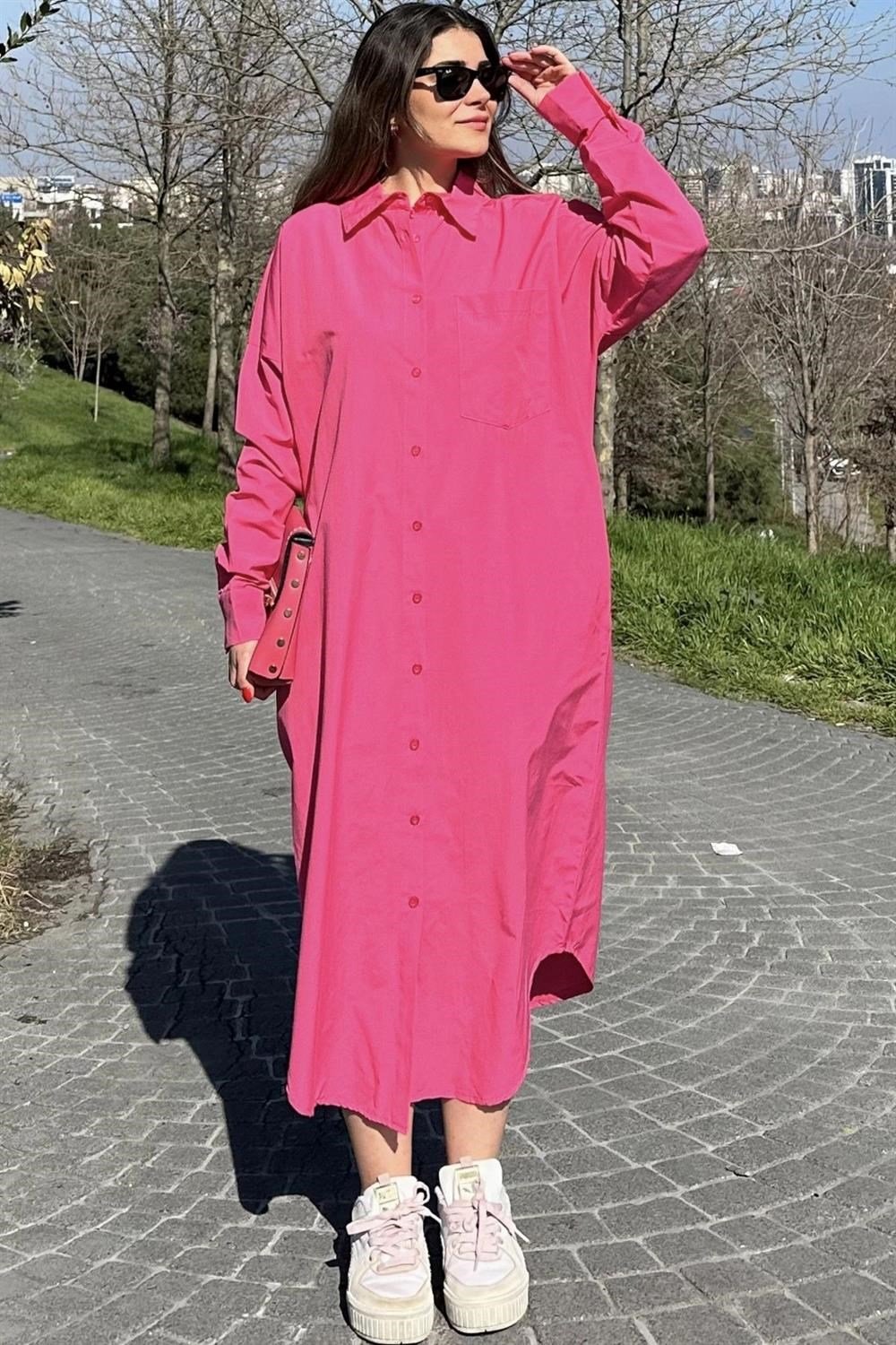 Kadın Fuşya Uzun Kol, Eteği Oval Kesim, Uzun Ve Salaş, Poplin Gömlek Elbise