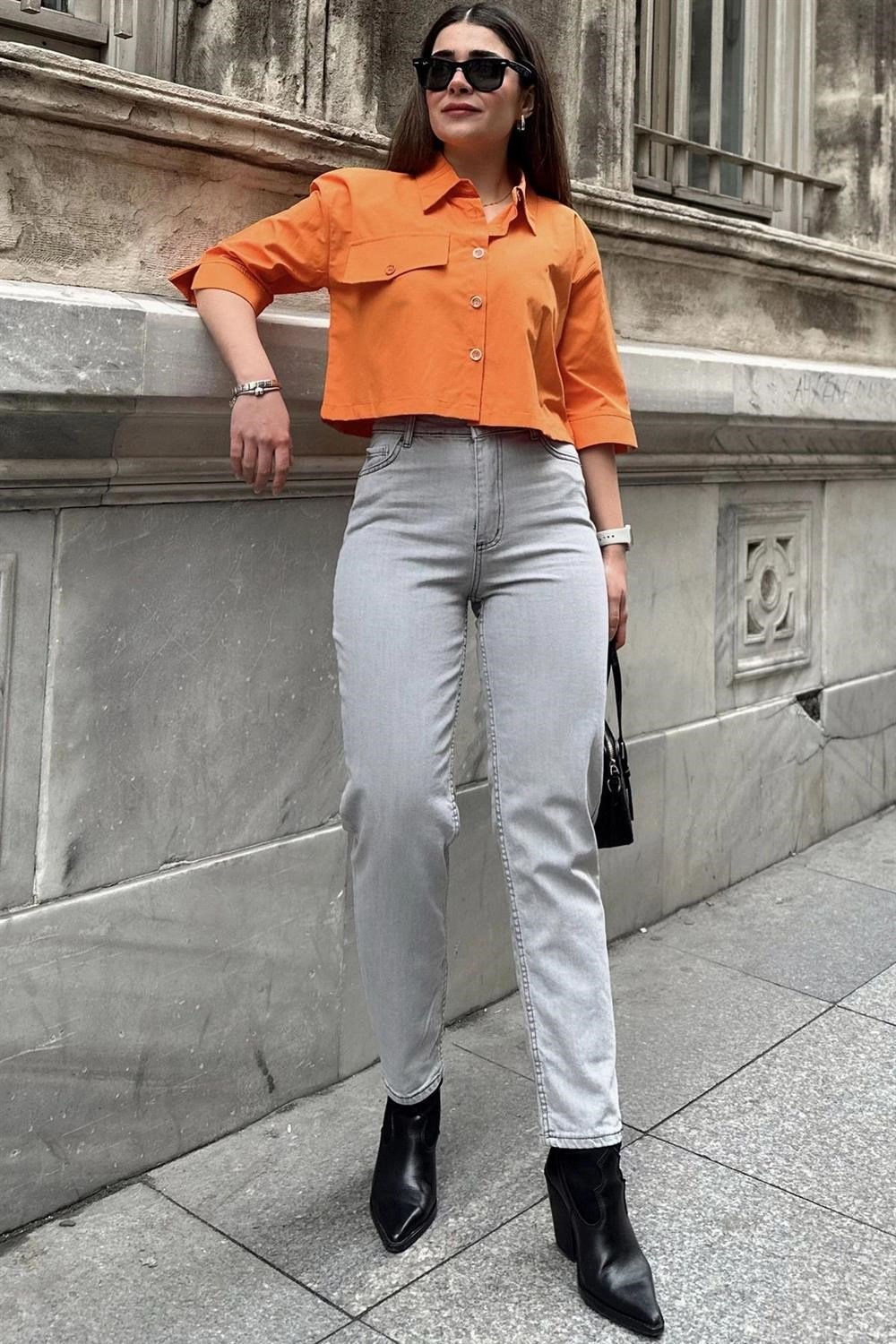 Kadın Gri Yüksek Bel, Rahat Kesim, Boru Paça, Skinny Kot Pantolon - Jeans