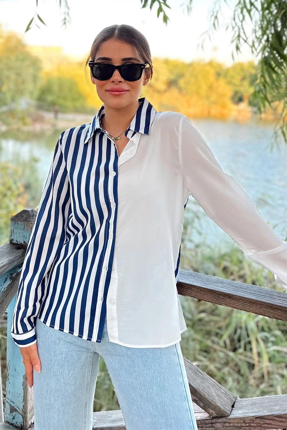 Kadın Lacivert İki Renkli Çizgili, Uzun Kol,Regular Kesim Gömlek