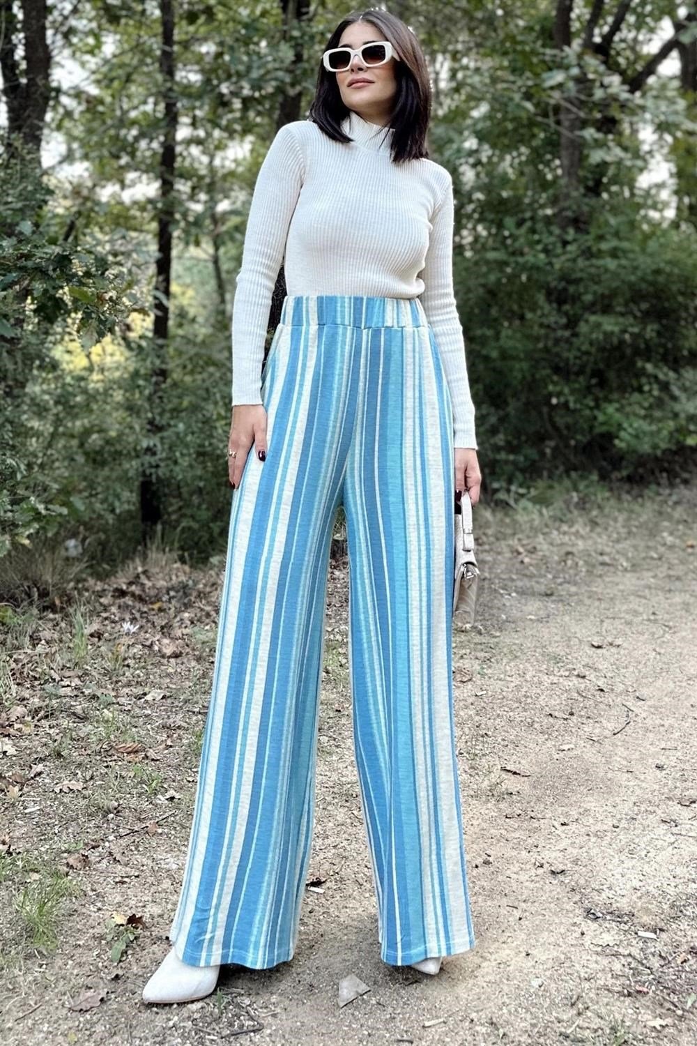 Kadın Mavi Yüksek Bel, Geniş Paça, Çizgili Desenli, Beli Lastikli, Salaş Dokuma Pantolon