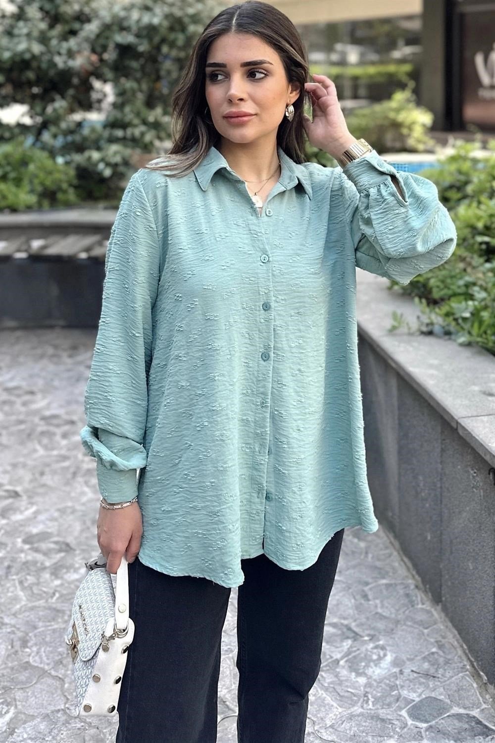 Kadın Mint Dokulu Kumaş, Uzun, Balon Kollu, Rahat Kesim, Pamuklu Gömlek
