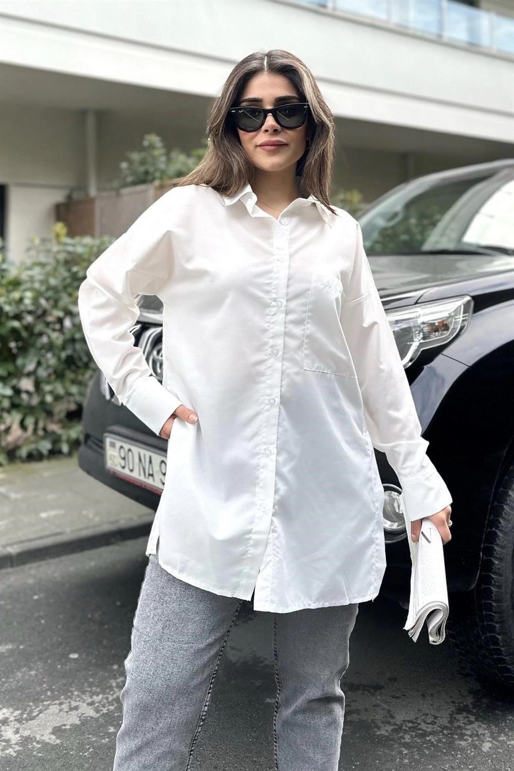 Kadın ekru Terikoton Kumaş, Yırtmaçlı, Rahat Uzun Gömlek